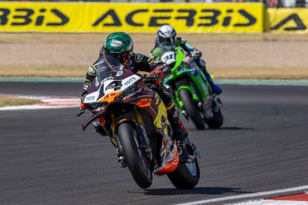 RECORD DATE NOT STATED 11th July 2026: Donington Park, Leicestershire, England; Motul FIM World Superbike Championship Donington 2025, Day 2; Sam Lowes on his Elf Marc VDS Racing Team Ducati Panigale V4 R lifts a wheel during the Superpole session TimxWilliams