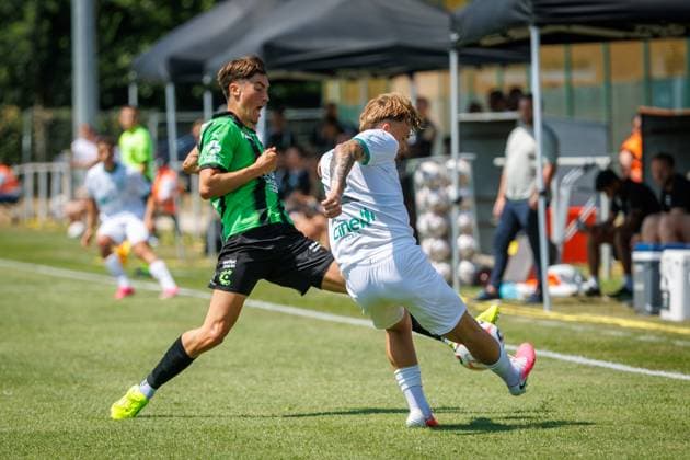 Cercle s Sebbe Gheerardyns and Lommel s Kluiverth Aguilar pictured in action during a friendly soccer game between first division soccer team Cercle Brugge and Lommel SK, on Saturday 11 July 2026 in Brugge, in preparation of the upcoming 2026-2027 Belgian first division soccer season. KURTxDESPLENTER  x180929288x