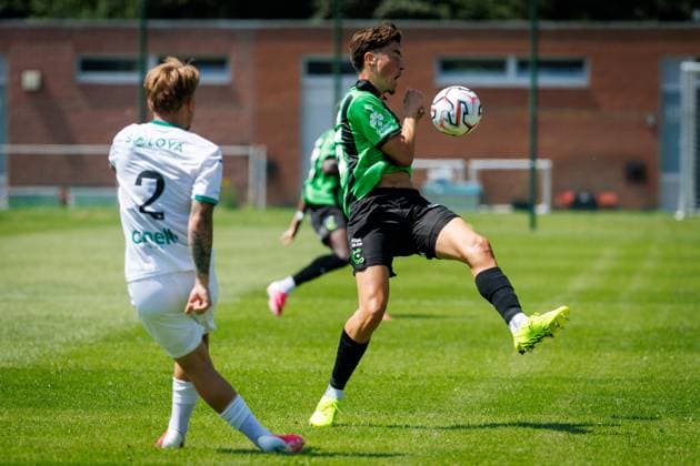 Lommel s Kluiverth Aguilar and Cercle s Sebbe Gheerardyns pictured in action during a friendly soccer game between first division soccer team Cercle Brugge and Lommel SK, on Saturday 11 July 2026 in Brugge, in preparation of the upcoming 2026-2027 Belgian first division soccer season. KURTxDESPLENTER  x180929447x