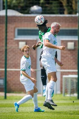 Cercle s Emmanuel Kakou and Lommel s Ralf Seuntjens fight for the ball during a friendly soccer game between first division soccer team Cercle Brugge and Lommel SK, on Saturday 11 July 2026 in Brugge, in preparation of the upcoming 2026-2027 Belgian first division soccer season. KURTxDESPLENTER  x180929454x
