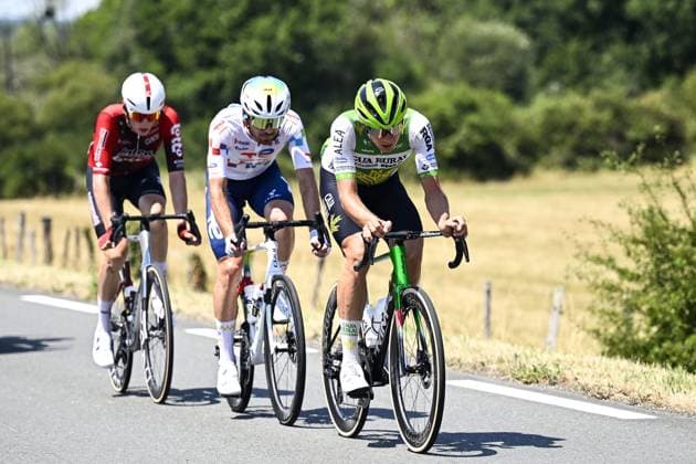Belgian Liam Slock of Lotto Intermarche, French Thibault Guernalec of TotalEnergies and Czech Jakub Otruba of Caja Rural-Seguros RGA pictured in action during the stage 8 of the 2026 Tour de France cycling race, a stage of 182km from Perigueux to Bergerac, on Saturday 11 July 2026. The 113th edition of the Tour de France starts on Saturday 4 July in Barcelona, Spain, and will finish in Paris, France on the 26th of July. TOMASxSISKxPOOL  x180930232x