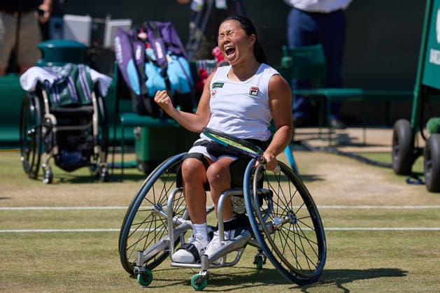 July 11, 2026, London, London, Great Britain: Yui Kamiji of Japan reacts with clenched fist and celebrates the win of the final match during The Championships Wimbledon , 11.7.2026 in London (All England Lawn Tennis and Croquet Club), Great Britain Wheelchair Tennis 2026: Grand Slam: The Championships Wimbledon: 12th Day: Women Final: KAMIJI 6:0 6:0 DE GROOT  - ZUMAs343 20260711_zsp_s343_008 Copyright: xMathiasxSchulzx