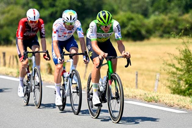 Tour de France 2026 Stage 8 BERGERAC, FRANCE - JULY 11 : Slock Liam (BEL) of Lotto Intermarche, Guernalec Thibault (FRA) of TotalEnergies, Otruba Jakub (CZE) of Caja Rural - Seguros RGA in the escape pack during stage 8 of the 113rd edition of Tour de France an UCI World Tour 2.UWT cycling road race stage for Men Elite of 182 km with start in Perigueux and finish in Bergerac on July 11, 2026 in Bergerac, France, 11 07 2026 ( Motordriver Kurt Vandenborre - Bergerac France  Copyright: xTomasxSiskx