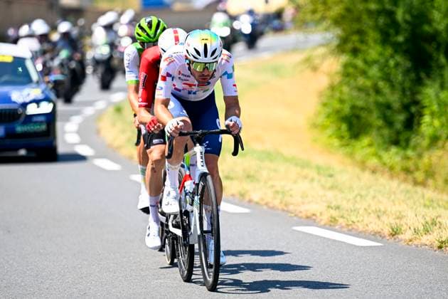 Tour de France 2026 Stage 8 BERGERAC, FRANCE - JULY 11 : Slock Liam (BEL) of Lotto Intermarche, Guernalec Thibault (FRA) of TotalEnergies, Otruba Jakub (CZE) of Caja Rural - Seguros RGA in the escape pack during stage 8 of the 113rd edition of Tour de France an UCI World Tour 2.UWT cycling road race stage for Men Elite of 182 km with start in Perigueux and finish in Bergerac on July 11, 2026 in Bergerac, France, 11 07 2026 ( Motordriver Kurt Vandenborre - Bergerac France  Copyright: xTomasxSiskx