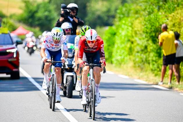 Tour de France 2026 Stage 8 BERGERAC, FRANCE - JULY 11 : Slock Liam (BEL) of Lotto Intermarche, Guernalec Thibault (FRA) of TotalEnergies, Otruba Jakub (CZE) of Caja Rural - Seguros RGA in the escape pack during stage 8 of the 113rd edition of Tour de France an UCI World Tour 2.UWT cycling road race stage for Men Elite of 182 km with start in Perigueux and finish in Bergerac on July 11, 2026 in Bergerac, France, 11 07 2026 ( Motordriver Kurt Vandenborre - Bergerac France  Copyright: xTomasxSiskx
