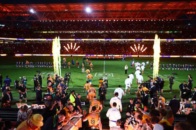 RUGBY AUSTRALIA FRANCE, The two teams take the field during the 2026 Nations Championship Rugby Test between Australia and France at Suncorp Stadium in Brisbane, Saturday, July 11, 2026. ( NO ARCHIVING, EDITORIAL USE ONLY BRISBANE QUEENSLAND Australia  Copyright: xJASONxO BRIENx 20260711121007517083