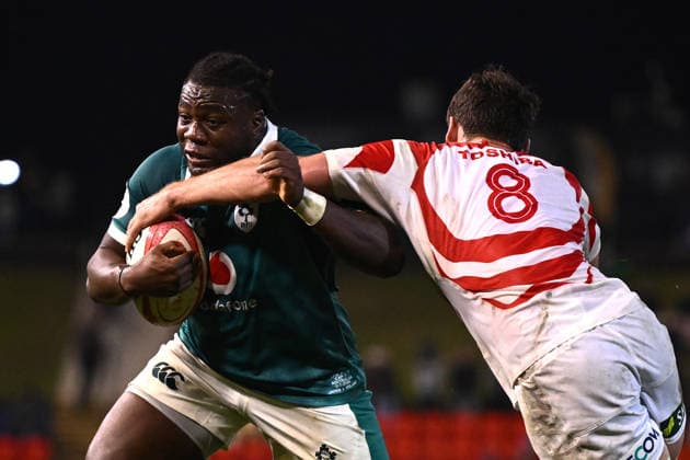 RUGBY JAPAN IRELAND, Sam Illo of Ireland is tackled by Jack Cornelsen of Japan during the 2026 Nations Championship Rugby Test between Japan and Ireland at McDonald Jones Stadium in Newcastle, Saturday, July 11, 2026. ( NO ARCHIVING, EDITORIAL USE ONLY NEWCASTLE New South Wales Australia  Copyright: xDANxHIMBRECHTSx 20260711137090428924