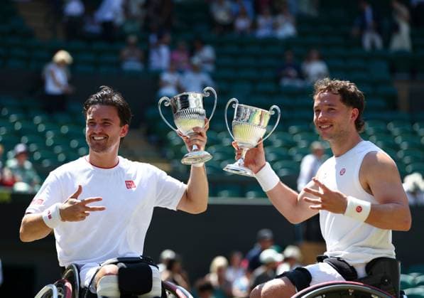 Alfie Hewett and Gordon Reid celebrate winning the Gentleman s Wheelchair Doubles final Wimbledon Tennis Championships, Day 13, The All England Lawn Tennis and Croquet Club, London, UK - 11 Jul 2026London The All England Lawn Tennis and United Kingdom  Copyright: xKieranxMcManus Shutterstockx 16981032ae