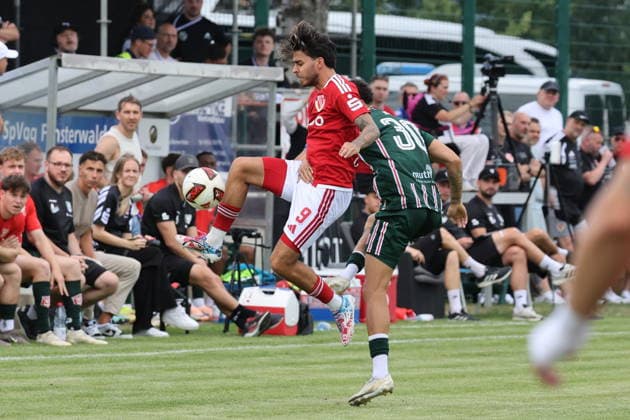 9 Lucas Copade (Energie Cottbus, l.) im Duell mit 30 Stanley Ratifo (HFC) Fussball Testspiel 2026 2027 FC Energie Cottbus - Hallescher FC *** 9 Lucas Copade (Energie Cottbus), left, in a duel with 30 Stanley Ratifo (HFC) Soccer Friendly Match 2026 2027 FC Energie Cottbus Hallescher FC