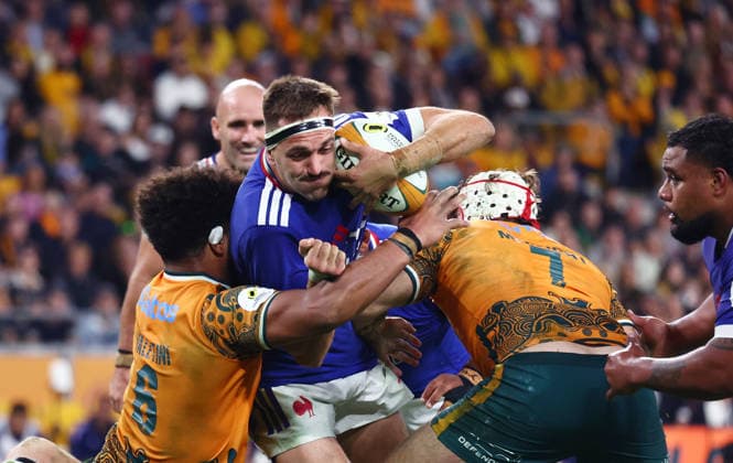 RUGBY AUSTRALIA FRANCE, Florian Verhaeghe of France crashes through to score a try during the 2026 Nations Championship Rugby Test between Australia and France at Suncorp Stadium in Brisbane, Saturday, July 11, 2026. ( NO ARCHIVING, EDITORIAL USE ONLY BRISBANE QUEENSLAND Australia  Copyright: xx 20260711174164815863