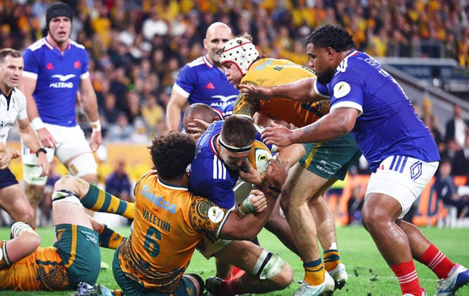 RUGBY AUSTRALIA FRANCE, Florian Verhaeghe of France crashes through to score a try during the 2026 Nations Championship Rugby Test between Australia and France at Suncorp Stadium in Brisbane, Saturday, July 11, 2026. ( NO ARCHIVING, EDITORIAL USE ONLY BRISBANE QUEENSLAND Australia  Copyright: xx 20260711176754435708