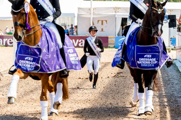 260711 Cathrine Laudrup-Dufour of Denmark with horse Mount St John Freestyle celebrates after FEI Dressage Nations Cup Grand Prix during the Falsterbo Horse Show on July 11, 2026 in Falsterbo. Photo: Christian Örnberg BILDBYRAN COP 166 CO0710 ridsport equestrian falsterbo horse show ridsportlaget bbeng FEI Dressage Nations Cup Grand Prix jubel *** July 11, 2026: Cathrine Laudrup Dufour of Denmark, riding Mount St. John, celebrates after the FEI Dressage Nations Cup Grand Prix during the Falsterbo Horse Show on July 11, 2026 in Falsterbo. Photo by Christian Örnberg, BILDBYRAN COP 166 CO0710 equestrian sports Falsterbo Horse Show Ridsportlaget BBENG FEI Dressage Nations Cup Grand Prix celebration  Copyright: CHRISTIANxÖRNBERG BB260711CO116