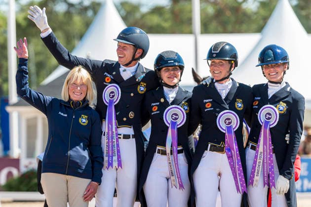 260711 Louise Nathhorst, Patrik Kittel, Therese Nilshagen, Anita Roslund and Beata Söderberg of Sweden with horse Talento 4 celebrates after FEI Dressage Nations Cup Grand Prix during the Falsterbo Horse Show on July 11, 2026 in Falsterbo. Photo: Christian Örnberg BILDBYRAN COP 166 CO0710 ridsport equestrian falsterbo horse show ridsportlaget bbeng FEI Dressage Nations Cup Grand Prix jubel *** July 11, 2026: Louise Nathhorst, Patrik Kittel, Therese Nilshagen, Anita Roslund, and Beata Söderberg of Sweden, riding Talento 4, celebrate after the FEI Dressage Nations Cup Grand Prix during the Falsterbo Horse Show on July 11, 2026 in Falsterbo. Photo by Christian Örnberg, BILDBYRAN COP 166 CO0710 equestrian sports Falsterbo Horse Show Ridsportlaget BBENG FEI Dressage Nations Cup Grand Prix celebration  Copyright: CHRISTIANxÖRNBERG BB260711CO121