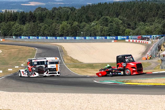Emma Mäkinen (FIN) Iveco (28), Team Schwabentruck, Stefan Kursch (GER) MAN (33), Kursch Kurtscheid Racing und Steffen Faas (GER) Freightliner (24), tankpool24 Racing , Deutschland, Motorsport, Int. Shell ADAC Truck Grand Prix, Goodyear ETRC FIA European Truck Racing Championship, Race 1, 2026, 11.07.2026, Nürburg Nürburgring Deutschland *** Emma Mäkinen FIN Iveco 28, Team Schwabentruck, Stefan Kursch GER MAN 33, Kursch Kurtscheid Racing, and Steffen Faas GER Freightliner 24, tankpool24 Racing, Germany, Motorsports, Int Shell ADAC Truck Grand Prix, Goodyear ETRC FIA European Truck Racing Championship, Race 1, 2026, July 11, 2026, Nürburg, Nürburgring, Germany Copyright: xGrantxHubbsx