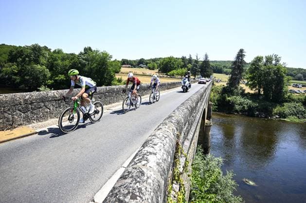The leading riders pictured in action during the stage 8 of the 2026 Tour de France cycling race, a stage of 182km from Perigueux to Bergerac, on Saturday 11 July 2026. The 113th edition of the Tour de France starts on Saturday 4 July in Barcelona, Spain, and will finish in Paris, France on the 26th of July. TOMASxSISKxPOOL  x180933609x