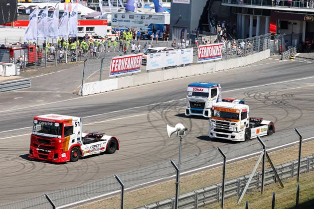 Bjorn Tijhuis (NED) DAF (51), Truckracingteam Kreeft, Sascha Lenz (GER) MAN (30), SL Trucksport und Erwin Kleinnagelvoort (NED) Scania (15), Kleinnagelvoort , Deutschland, Motorsport, Int. Shell ADAC Truck Grand Prix, TGP Truck-Grand-Prix Meisterschaft, Race 3, 2026, 11.07.2026, Nürburg Nürburgring Deutschland *** Bjorn Tijhuis NED DAF 51, Kreeft Truck Racing Team; Sascha Lenz GER MAN 30, SL Trucksport; and Erwin Kleinnagelvoort NED Scania 15, Kleinnagelvoort; Germany; Motorsports; Int Shell ADAC Truck Grand Prix; TGP Truck Grand Prix Championship, Race 3, 2026, July 11, 2026, Nürburg Nürburgring, Germany Copyright: xGrantxHubbsx