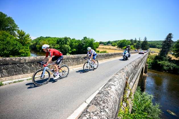 Tour de France 2026 Stage 8 BERGERAC, FRANCE - JULY 11 : Slock Liam (BEL) of Lotto - Intermarche and Guernalec Thibault (FRA) of TotalEnergies in the escape pack during stage 8 of the 113rd edition of Tour de France an UCI World Tour 2.UWT cycling road race stage for Men Elite of 182 km with start in Perigueux and finish in Bergerac on July 11, 2026 in Bergerac, France, 11 07 2026 ( Motordriver Kurt Vandenborre - Bergerac France  Copyright: xTomasxSiskx