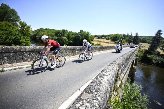 French Thibault Guernalec of TotalEnergies and Belgian Liam Slock of Lotto Intermarche pictured in action during the stage 8 of the 2026 Tour de France cycling race, a stage of 182km from Perigueux to Bergerac, on Saturday 11 July 2026. The 113th edition of the Tour de France starts on Saturday 4 July in Barcelona, Spain, and will finish in Paris, France on the 26th of July. TOMASxSISKxPOOL  x180934443x