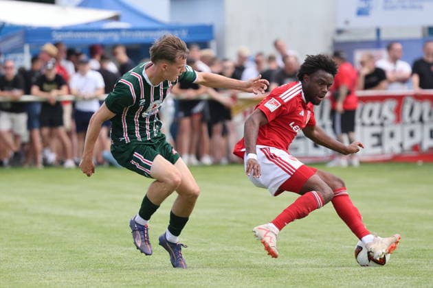 43 Julien Andre Damelang (HFC, l.), 24 Anderson Lucoqui (Energie Cottbus) Fussball Testspiel 2026 2027 FC Energie Cottbus - Hallescher FC *** 43 Julien Andre Damelang (HFC), left, 24 Anderson Lucoqui (Energie Cottbus) Soccer Friendly Match 2026 2027 FC Energie Cottbus Hallescher FC