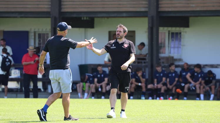 11.07.2026, xrekx, Fussball Testspiel, SV Waldhof Mannheim - FC Thun v.l. Rui Tomas Faustino Pinto da Mota, Trainer (SV Waldhof Mannheim) Gian-Luca Privitelli, Trainer (FC Thun) (DFL DFB REGULATIONS PROHIBIT ANY USE OF PHOTOGRAPHS as IMAGE SEQUENCES and or QUASI-VIDEO) Rust *** July 11, 2026, xrekx, Soccer Friendly Match, SV Waldhof Mannheim vs. FC Thun, referee: Rui Tomas Faustino Pinto da Mota; SV Waldhof Mannheim coach: Gian Luca Privitelli; FC Thun coach: DFL and DFB regulations prohibit any use of photographs as image sequences and or quasi-video content. Rust