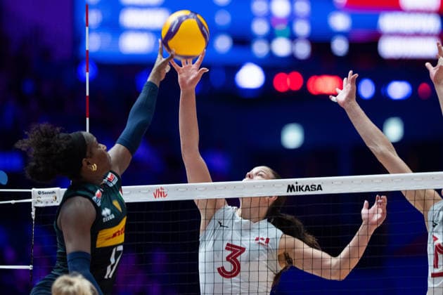 RECORD DATE NOT STATED Volleyball Nations League Hong Kong 2026 - Day 4 Myriam Fatime Sylla (No.17) from team Italy and Kiera Van Ryk (No.3) from team Canada during the match between Italy and Canada at Volleyball Nations League Hong Kong 2026 on July 11, 2026 in Hong Kong. (Photo by Ellan Mad Nexpher Images) Hong Kong