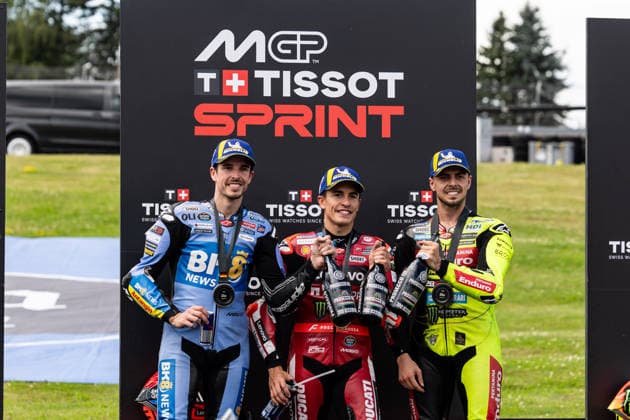 GER, Großer Preis von Deutschland, MotoGP. 11. Lauf, FIM Motorrad-Weltmeisterschaft. 11.07.2026, Sachsenring, Hohenstein-Ernstthal, GER, Großer Preis von Deutschland, MotoGP. 11. Lauf, FIM Motorrad-Weltmeisterschaft. Podium Sprint: Sieger Sprint 93, Marc Marquez, Ducati Lenovo Team, 2. Platz 73, Alex Marquez, BK8 Gresini Racing MotoGP, 3. Platz 49, Fabio Di Giannantonio, Pertamina Enduro VR46 Racing Team Â Foto: Alexander Trienitz Hohenstein-Ernstthal Sachsenring Sachsen Deutschland *** GER, German Grand Prix, MotoGP Round 11, FIM Motorcycle World Championship, July 11, 2026, Sachsenring, Hohenstein Ernstthal, GER, German Grand Prix, MotoGP Round 11, FIM Motorcycle World Championship Podium Sprint Winner Sprint 93, Marc Marquez, Ducati Lenovo Team, 2nd place 73, Alex Marquez, BK8 Gresini Racing MotoGP, 3rd place 49, Fabio Di Giannantonio, Pertamina Enduro VR46 Racing Team. Photo by Alexander Trienitz, Hohenstein Ernstthal, Sachsenring, Saxony, Germany
