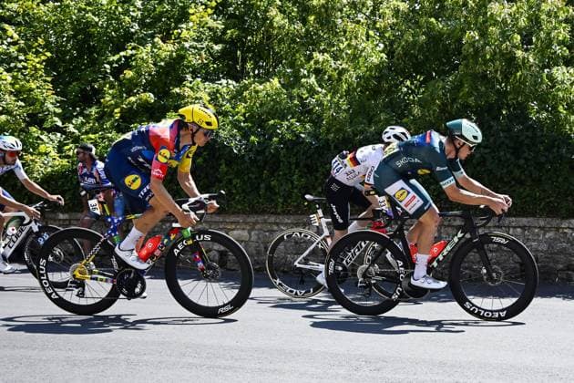 Latvian Toms Skujins of Lidl-Trek and Danish Mads Pedersen of Lidl-Trek pictured in action during the stage 8 of the 2026 Tour de France cycling race, a stage of 182km from Perigueux to Bergerac, on Saturday 11 July 2026. The 113th edition of the Tour de France starts on Saturday 4 July in Barcelona, Spain, and will finish in Paris, France on the 26th of July. TOMASxSISKxPOOL  x180937091x