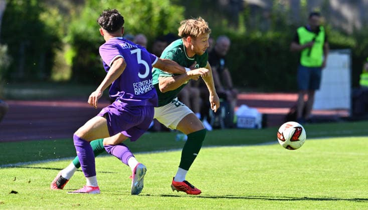 11.07.2026 - Fussball - Saison 2026 2027 - Testspiel Freundschaftsspiel - FC Eintracht Bamberg - SpVgg Greuther Fürth ( Kleeblatt ) - - Sportfoto Zink - xwoxzix - regulations prohibit any use of photographs as image sequences and or quasi-video - only for editorial use - Mustafa Zekiroski (3, FC Eintracht Bamberg ) Jannik Dehm ( 23, SpVgg Greuther Fürth ) *** July 11, 2026 Soccer Season 2026–2027 Exhibition Match Friendly Match FC Eintracht Bamberg vs. SpVgg Greuther Fürth Kleeblatt Sports Photo by Zink xwoxzix; regulations prohibit any use of photographs as image sequences and or quasi-video; for editorial use only. Mustafa Zekiroski 3, FC Eintracht Bamberg; Jannik Dehm 23, SpVgg Greuther Fürth