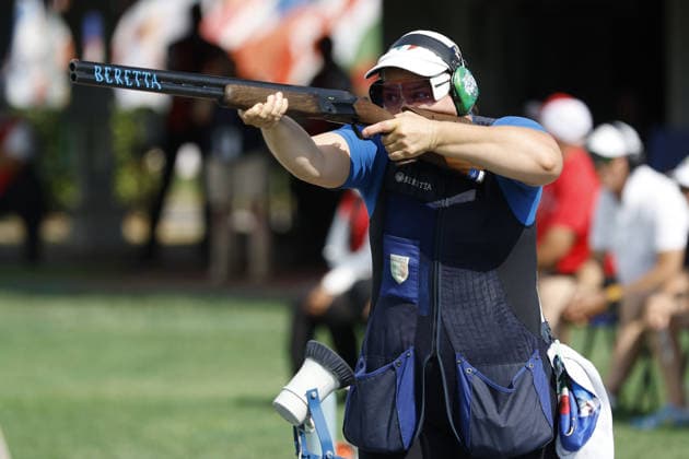 IPA86600529 - Silvana Maria Stanco of Italy shoots during the fifth day of the ISSF World Cup Shotgun competition at the Concaverde Shooting Range on July 11, 2026, in Lonato del Garda, Italy.  Copyright: xRichardxMorgano IPAxSportx xx 86600529