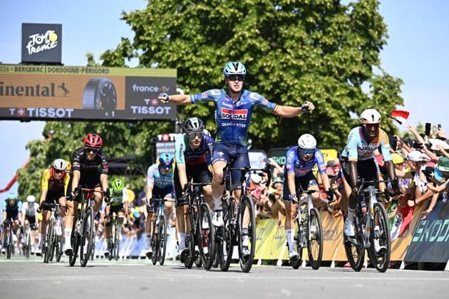Belgian Tim Merlier of Soudal Quick-Step wins the stage 8 of the 2026 Tour de France cycling race, a stage of 182km from Perigueux to Bergerac, on Saturday 11 July 2026. The 113th edition of the Tour de France starts on Saturday 4 July in Barcelona, Spain, and will finish in Paris, France on the 26th of July. JASPERxJACOBS  x180943075x