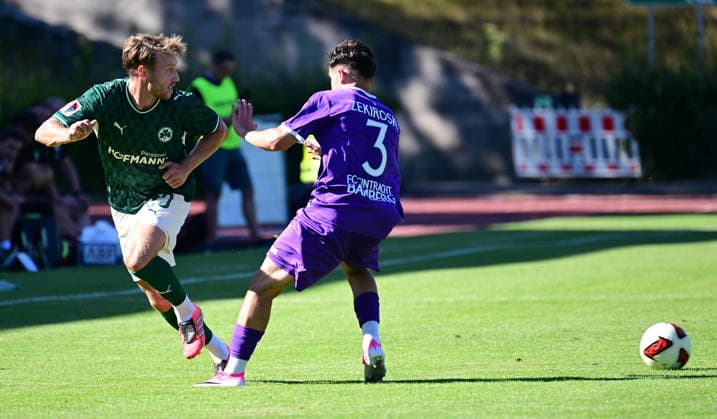 11.07.2026 - Fussball - Saison 2026 2027 - Testspiel Freundschaftsspiel - FC Eintracht Bamberg - SpVgg Greuther Fürth ( Kleeblatt ) - - Sportfoto Zink - xwoxzix - regulations prohibit any use of photographs as image sequences and or quasi-video - only for editorial use - Jannik Dehm ( 23, SpVgg Greuther Fürth ) Mustafa Zekiroski (3, FC Eintracht Bamberg ) *** July 11, 2026 Soccer Season 2026–2027 Exhibition Match Friendly Match FC Eintracht Bamberg vs. SpVgg Greuther Fürth Kleeblatt Sports Photo by Zink xwoxzix; regulations prohibit any use of photographs as image sequences and or quasi-video; for editorial use only. Jannik Dehm 23, SpVgg Greuther Fürth Mustafa Zekiroski 3, FC Eintracht Bamberg