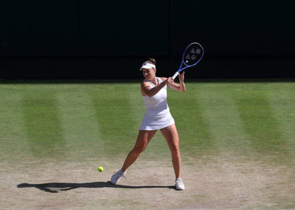 RECORD DATE NOT STATED 11th July 2026; All England Lawn Tennis and Croquet Club, London, England; Wimbledon Tennis Tournament, Day Thirteen; Linda Noskova (CZE) with a forehand shot to Karolina Muchova (CZE) JohnxPatrickxFletcher