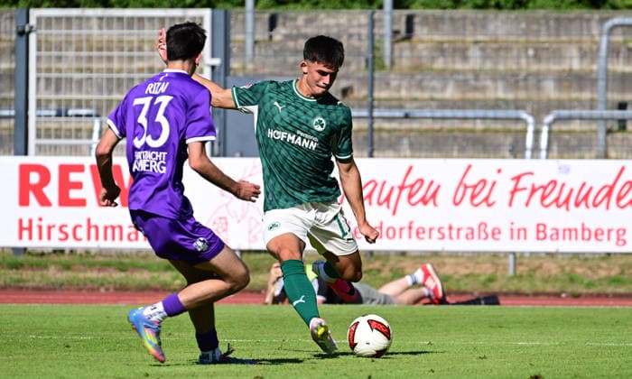 11.07.2026 - Fussball - Saison 2026 2027 - Testspiel Freundschaftsspiel - FC Eintracht Bamberg - SpVgg Greuther Fürth ( Kleeblatt ) - - Sportfoto Zink - xwoxzix - regulations prohibit any use of photographs as image sequences and or quasi-video - only for editorial use - Emil Rizai (33, FC Eintracht Bamberg ) Aaron Keller (11, SpVgg Greuther Fürth ) *** July 11, 2026 Soccer Season 2026–2027 Exhibition Match Friendly Match FC Eintracht Bamberg vs. SpVgg Greuther Fürth Kleeblatt Sports Photo by Zink xwoxzix; regulations prohibit any use of photographs as image sequences and or quasi-video; for editorial use only. Emil Rizai 33, FC Eintracht Bamberg; Aaron Keller 11, SpVgg Greuther Fürth