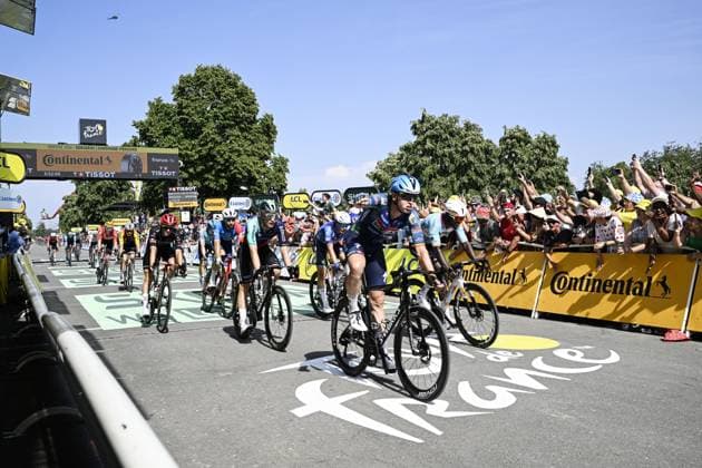 Belgian Tim Merlier of Soudal Quick-Step crosses the finish line to win the stage 8 of the 2026 Tour de France cycling race, a stage of 182km from Perigueux to Bergerac, on Saturday 11 July 2026. The 113th edition of the Tour de France starts on Saturday 4 July in Barcelona, Spain, and will finish in Paris, France on the 26th of July. JASPERxJACOBS  x180944125x