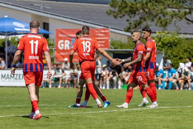 Tor Torjubel Jubel Freude Emotionen Mimik Gestik Marvin Pieringer (FC Heidenheim, 18) Budu Zivzivadze (FC Heidenheim, 11) Niklas Dorsch (FC Heidenheim, 30) Mathias Honsak (FC Heidenheim, 17), GER, SGM Langenau vs. 1.FC Heidenheim, Fussball, Testspiel, Saison 2026 2027, 11.07.2026, DFL DFB REGULATIONS PROHIBIT ANY USE OF PHOTOGRAPHS AS IMAGE SEQUENCES AND OR QUASI-VIDEO, GER, SGM Langenau vs. 1.FC Heidenheim, Fussball, Testspiel, Saison 2026 2027, 11.07.2026 Langenau *** Goal, Goal Celebration, Cheering, Joy, Emotions, Facial Expressions, Gestures, Marvin Pieringer, FC Heidenheim, 18, Budu Zivzivadze, FC Heidenheim, 11, Niklas Dorsch, FC Heidenheim, 30, Mathias Honsak, FC Heidenheim, 17, GER, SGM Langenau vs. 1 FC Heidenheim, soccer, friendly match, 2026–2027 season, July 11, 2026, DFL and DFB regulations prohibit any use of photographs as image sequences and or quasi-video, GER, SGM Langenau vs. 1 FC Heidenheim, soccer, friendly match, 2026–2027 season, July 11, 2026, Langenau Copyright: xEibner-Pressefoto JanixPlessx EP_JPL