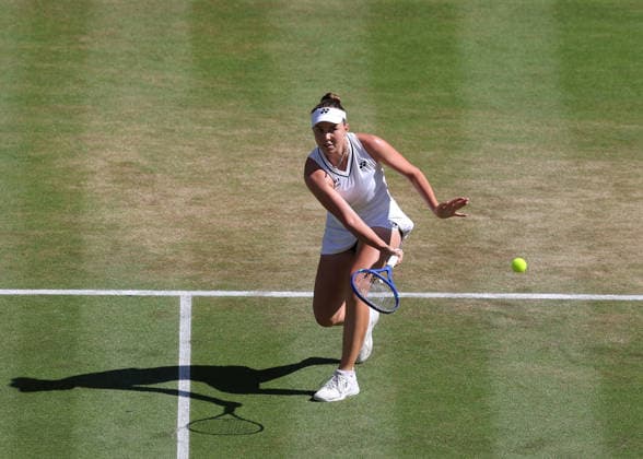 RECORD DATE NOT STATED 11th July 2026; All England Lawn Tennis and Croquet Club, London, England; Wimbledon Tennis Tournament, Day Thirteen; Linda Noskova (CZE) with a forehand shot to Karolina Muchova (CZE) JohnxPatrickxFletcher