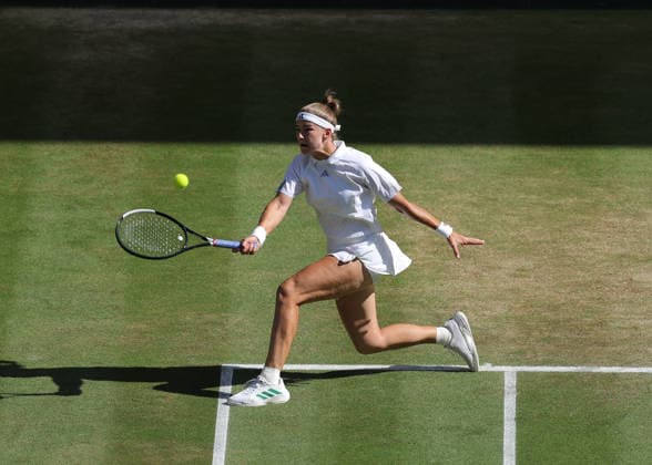 RECORD DATE NOT STATED 11th July 2026; All England Lawn Tennis and Croquet Club, London, England; Wimbledon Tennis Tournament, Day Thirteen; Karolina Muchova (CZE) with a forehand shot to Linda Noskova (CZE) JohnxPatrickxFletcher