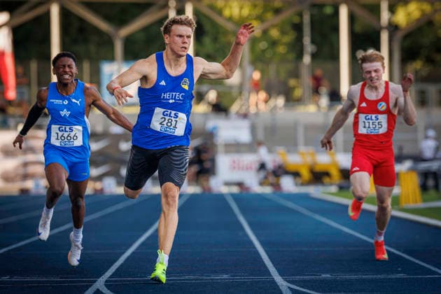 85. Deutsche Meisterschaften U20; Bochum, 11.07.2026 Jakob Kemminer (LAC Quelle Fürth) gewinnt die 100m mit neuem Deutschen U20 Rekord in 10,14sec.; 85. Deutsche Meisterschaften U20 am 11.07.2026 im Lohrheidestadion, Bochum (Nordrhein-Westfalen) *** 85th German U20 Championships, Bochum, July 11, 2026: Jakob Kemminer of LAC Quelle Fürth wins the 100m with a new German U20 record of 10.14 seconds at the 85th German U20 Championships on July 11, 2026, at Lohrheidestadion, Bochum, North Rhine-Westphalia Copyright: xBEAUTIFULxSPORTS B.Hoffmannx