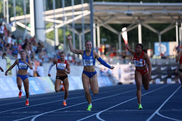85. Deutsche Meisterschaften U20; Bochum, 11.07.2026 Emma Goretzka (LAC BERLIN) gewinnt die 100m; 85. Deutsche Meisterschaften U20 am 11.07.2026 im Lohrheidestadion, Bochum (Nordrhein-Westfalen) *** 85th German U20 Championships, Bochum, July 11, 2026: Emma Goretzka of LAC Berlin wins the 100m at the 85th German U20 Championships on July 11, 2026, at Lohrheidestadion in Bochum, North Rhine-Westphalia Copyright: xBEAUTIFULxSPORTS B.Hoffmannx
