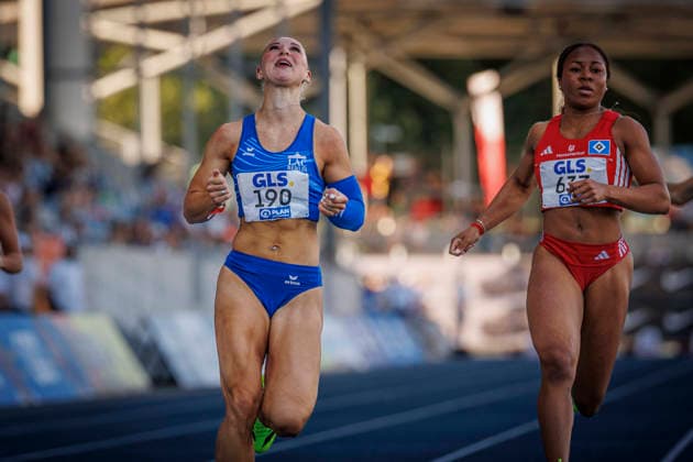 85. Deutsche Meisterschaften U20; Bochum, 11.07.2026 Emma Goretzka (LAC BERLIN) gewinnt die 100m vor Lena Anochili (Hamburger SV); 85. Deutsche Meisterschaften U20 am 11.07.2026 im Lohrheidestadion, Bochum (Nordrhein-Westfalen) *** 85th German U20 Championships, Bochum, July 11, 2026: Emma Goretzka of LAC Berlin wins the 100m ahead of Lena Anochili of Hamburger SV at the 85th German U20 Championships on July 11, 2026, at Lohrheidestadion in Bochum, North Rhine-Westphalia Copyright: xBEAUTIFULxSPORTS B.Hoffmannx