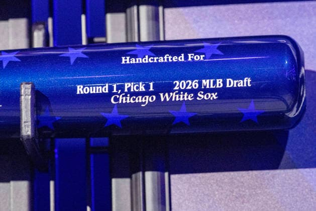 A ceremonial baseball bat displayed for the the first round pick of the MLB, Baseball Herren, USA baseball draft, Saturday, July 11, 2026, in Philadelphia, Pennsylvania.  PHI20260711004 LaurencexKesterson