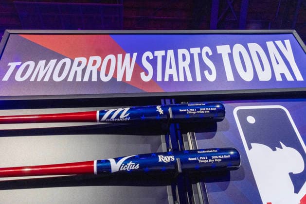 Ceremonial baseball bats displayed for the the first round picks of the MLB, Baseball Herren, USA baseball draft, Saturday, July 11, 2026, in Philadelphia, Pennsylvania.  PHI20260711005 LaurencexKesterson