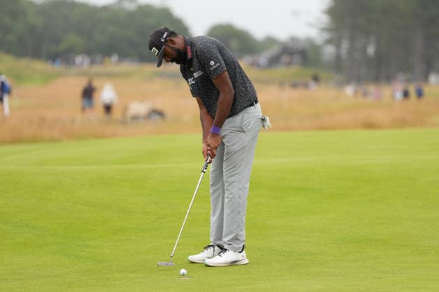 RECORD DATE NOT STATED 11th July 2026; The Renaissance Club, North Berwick, East Lothian, Scotland: Genesis Scottish Open Golf, Day Three; Sahith Theegala makes a putt for birdie on the 14th hole at The Renaissance Club during the third round of the Genesis Scottish Open AlecxBrown