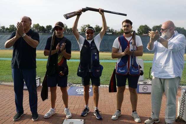 OTHER - Shooting - ISSF World Cup Shotgun Photo by IPA ABACAPRESS.COM86604009 - Erminio Frasca of Italy celebrates winning a gold medal on day five of the ISSF World Cup Shotgun competition at the Concaverde Shooting Range on July 11, 2026, in Lonato del Garda, Italy. Lonato del Garda Italy  Copyright: xIPAxSport ABACAx