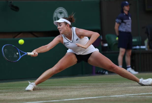 Czech Linda Noskova plays a forehand in the Women s Singles final against Czech Karolina Muchova on day Thirteen of the 2026 Wimbledon Championships in London on Saturday, July 11,2026. Noskova won the match 6-2 5-7 6-3.  LON2026071120A HUGOxPHILPOTT