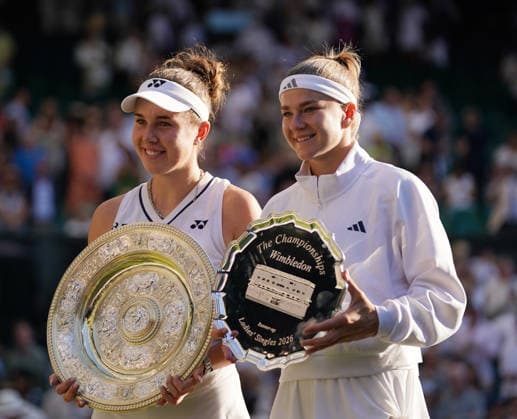 Tennis - 2026 Wimbledon Championships - Day Eleven (Week Two) - All England Lawn Tennis & Croquet Club, London - Saturday 11th July 2026 Centre Court :Ladies singles Final - Karolina Muchova (CZE) v Linda Noskova (CZE) Linda Noskova (CZE) with her winners Plate and Karolina Muchova (CZE) with her runners up plate COLORSPORT ANDREW COWIE 