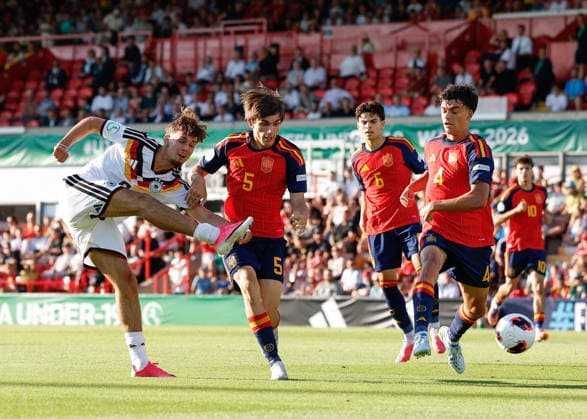 Wrexham, Wales, 11th July 2026. Otto Stange of Germany shoots towards goal during the Spain U19 vs Germany U19 UEFA European U19 Championship Final match at The Racecourse, Wrexham. Picture credit should read: Cody Froggatt Sportimage EDITORIAL USE ONLY. No use with unauthorised audio, video, data, fixture lists, club league logos or live services. Online in-match use limited to 120 images, no video emulation. No use in betting, games or single club league player publications. SPI_034_CF_SPAIN_U19_V_GERMANY_U19_FINAL SPI-4858-0034
