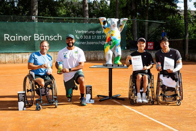 Siegerehrungen - Herren Doppel: Frederic Cattaneo FRA und Daniel Rodrigues BRA (Sieger 2026), Sung-Bong Han KOR und Ho Won Im KOR (2. Platz), 36. GERMAN OPEN 2026 - Beate Loddenkemper Trophy, Berlin, BTTC Grün-Weiß, 11.07.2026, *** Awards Ceremony for Men s Doubles: Frederic Cattaneo (FRA) and Daniel Rodrigues (BRA), 2026 Champions; Sung Bong Han (KOR) and Ho Won Im (KOR), 2nd Place; 36th GERMAN OPEN 2026 Beate Loddenkemper Trophy, Berlin, BTTC Grün Weiß, July 11, 2026, Copyright: xClaudioxGärtnerx