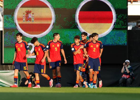 Wrexham, Wales, 11th July 2026. Mario Rivas of Spain celebrates scoring their sides second goal during the Spain U19 vs Germany U19 UEFA European U19 Championship Final match at The Racecourse, Wrexham. Picture credit should read: Cody Froggatt Sportimage EDITORIAL USE ONLY. No use with unauthorised audio, video, data, fixture lists, club league logos or live services. Online in-match use limited to 120 images, no video emulation. No use in betting, games or single club league player publications. SPI_038_CF_SPAIN_U19_V_GERMANY_U19_FINAL SPI-4858-0038