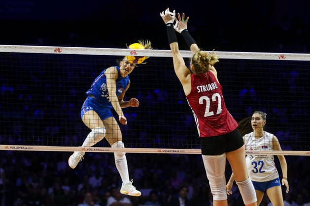 Serbia v Germany - Women s Volleyball Nations League BELGRADE, SERBIA - JULY 11: M. Kirov (26) of Serbia in action against M. Strubbe (22) of Germany during the 2026 FIVB Volleyball Women s Nations League match between the Serbia and Germany in Belgrade, Serbia, on July 11, 2026. Filip Stevanovic Anadolu Belgrade Serbia. Editorial use only. Please get in touch for any other usage.  Copyright: x2026xAnadoluxFilipxStevanovicx